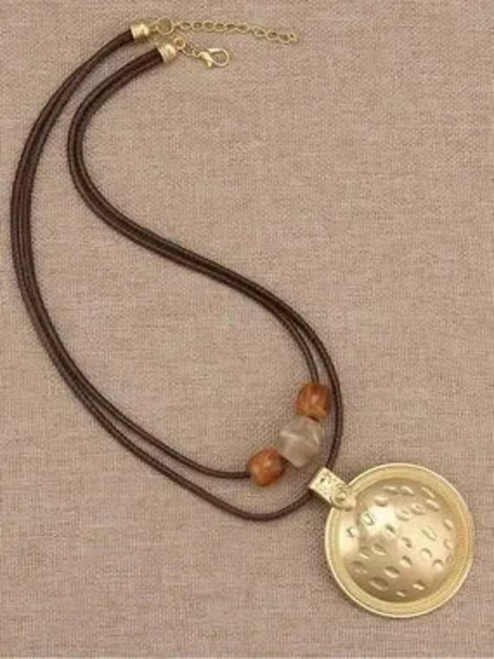 Beautiful Anthropologie Gold-Tone Disc Pendant Necklace with Brown Cord and Ambe